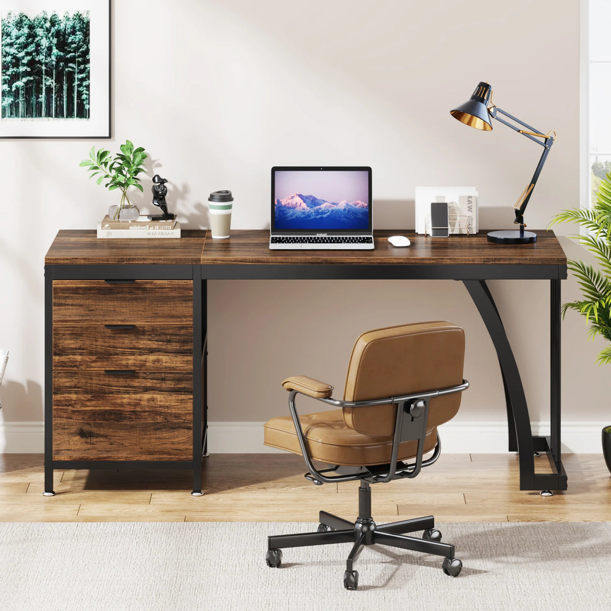 Tribesigns Industrial PC Desk Three Reversible Wooden Drawers Writing Table