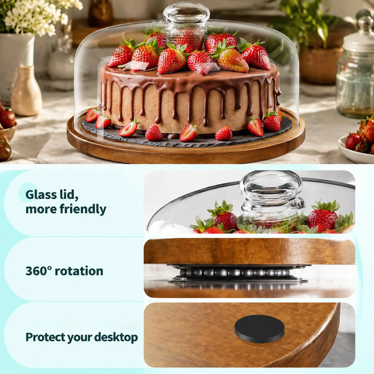 Acacia Wood Rotating Cake Stand With Clear Protective Glass Dome