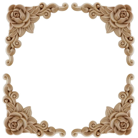4Pcs Natural Floral Wood Carved Corner Appliques Door Furniture Decoration