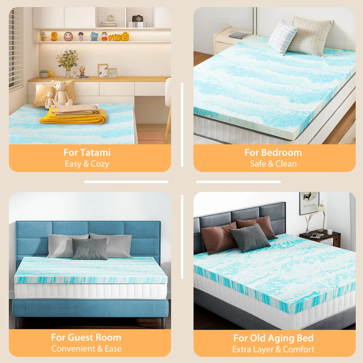 JHK Gel Memory Foam Cooling Mattress Topper For Bed