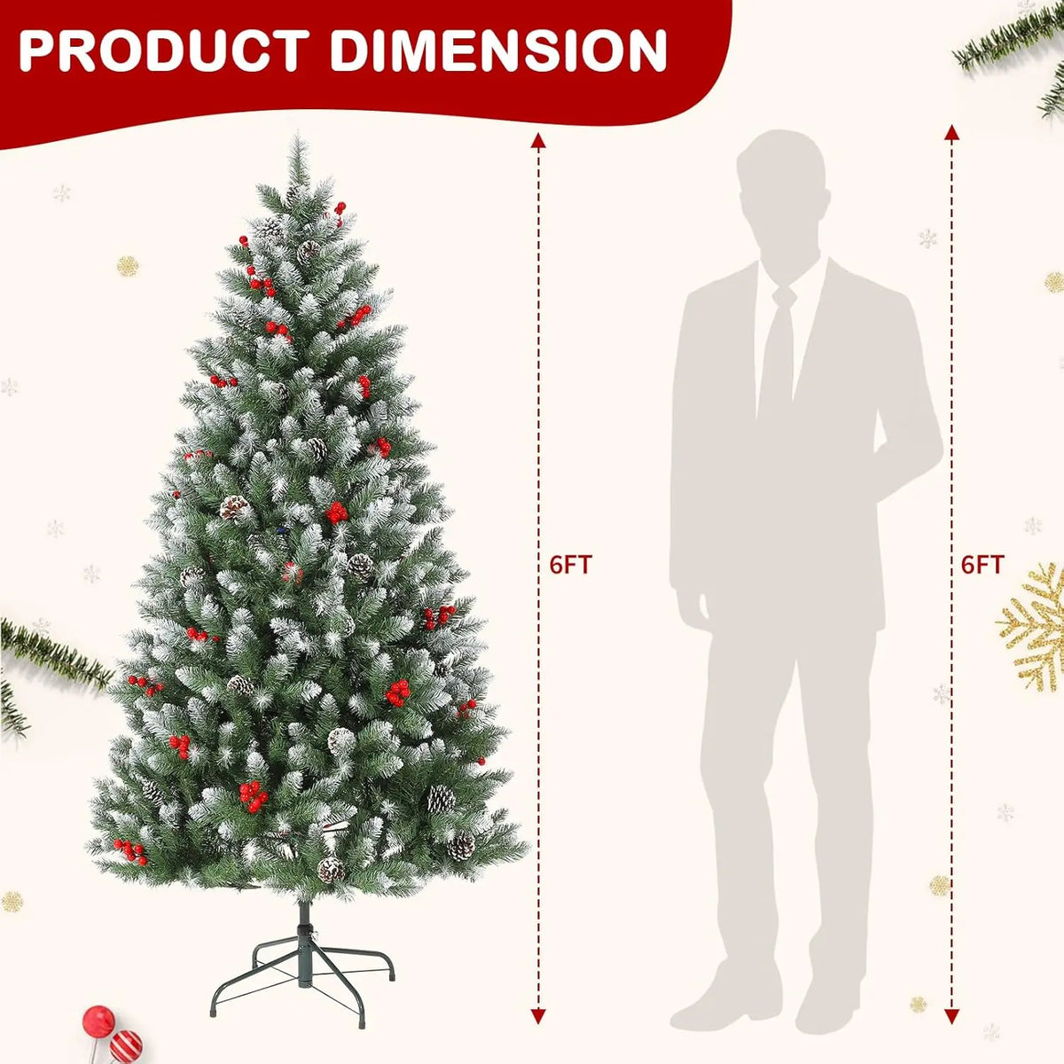 HiMISS Snow Flocked Artificial Christmas Tree With Pine Cone Berries