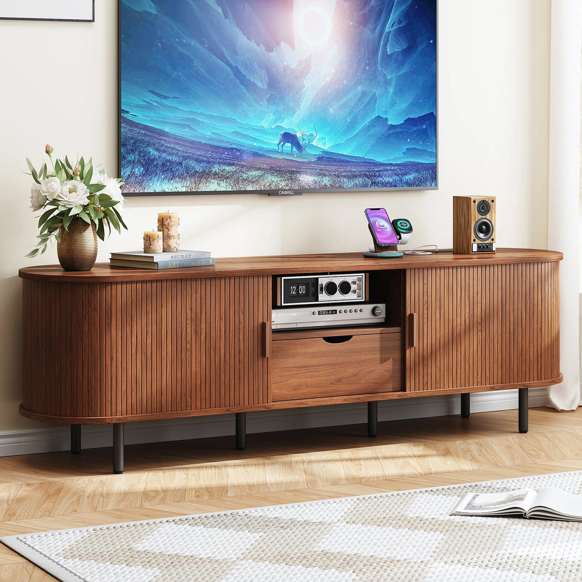 Onbrill Modern TV Console With Power Outlet Storage and Drawer