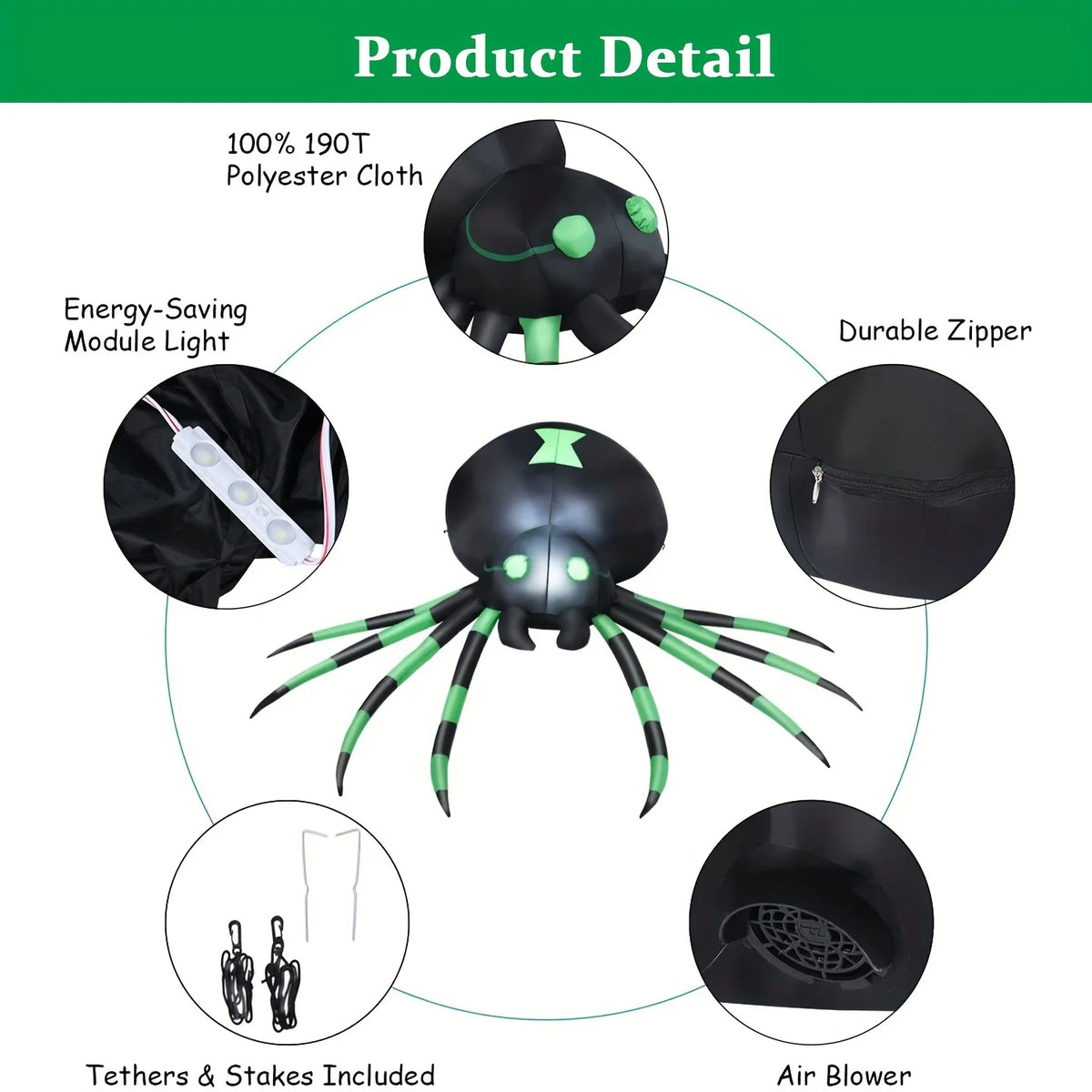 LED Inflatable Spider Halloween Yard Decor With Stakes And Blower