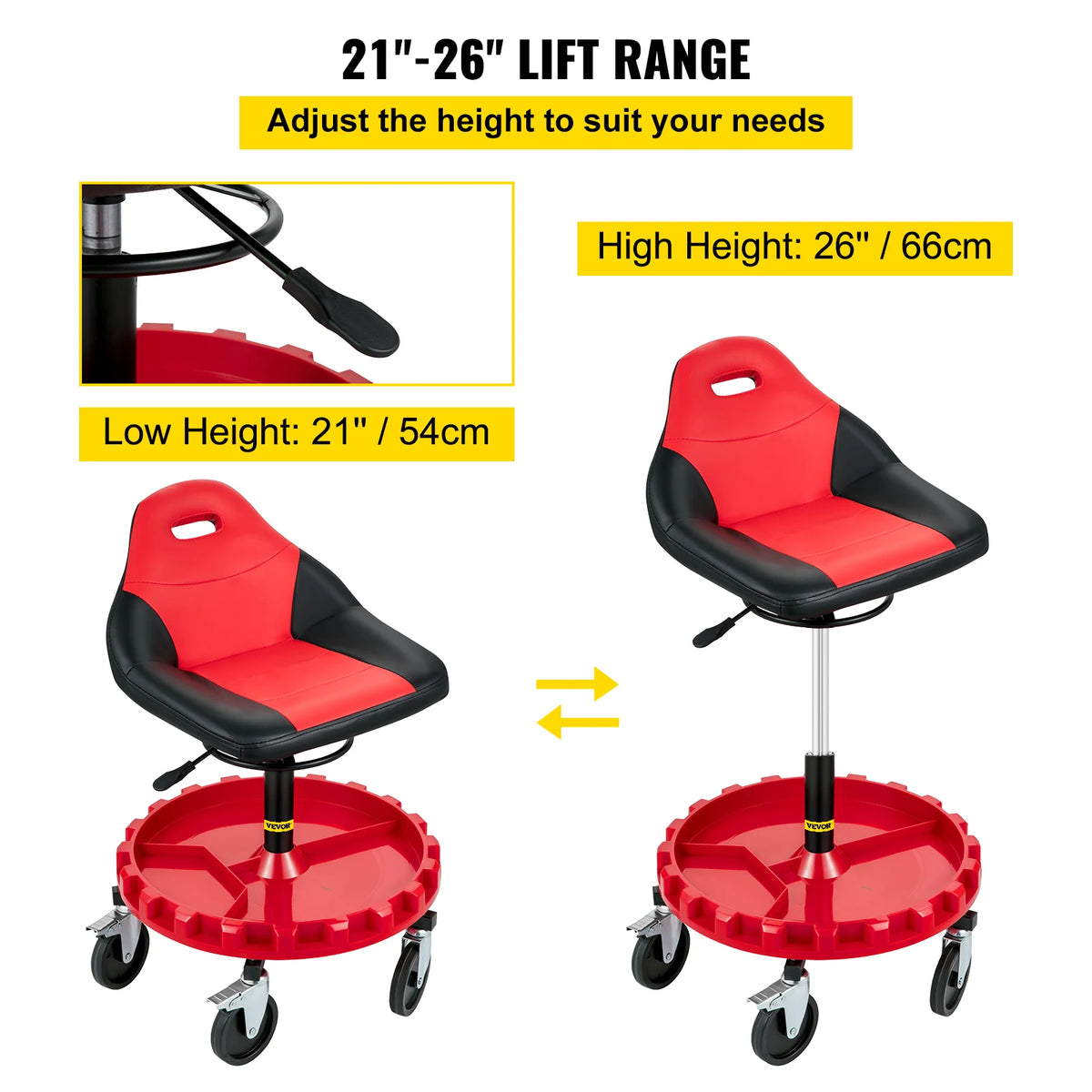 SucceBuy Adjustable Rolling Garage Stool With Tool Tray And Casters