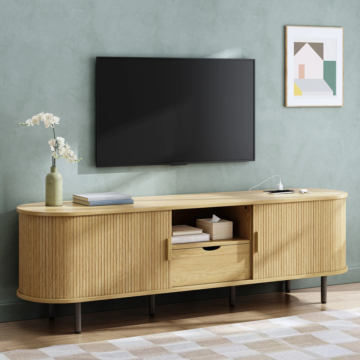 Onbrill Modern TV Console With Power Outlet Storage and Drawer