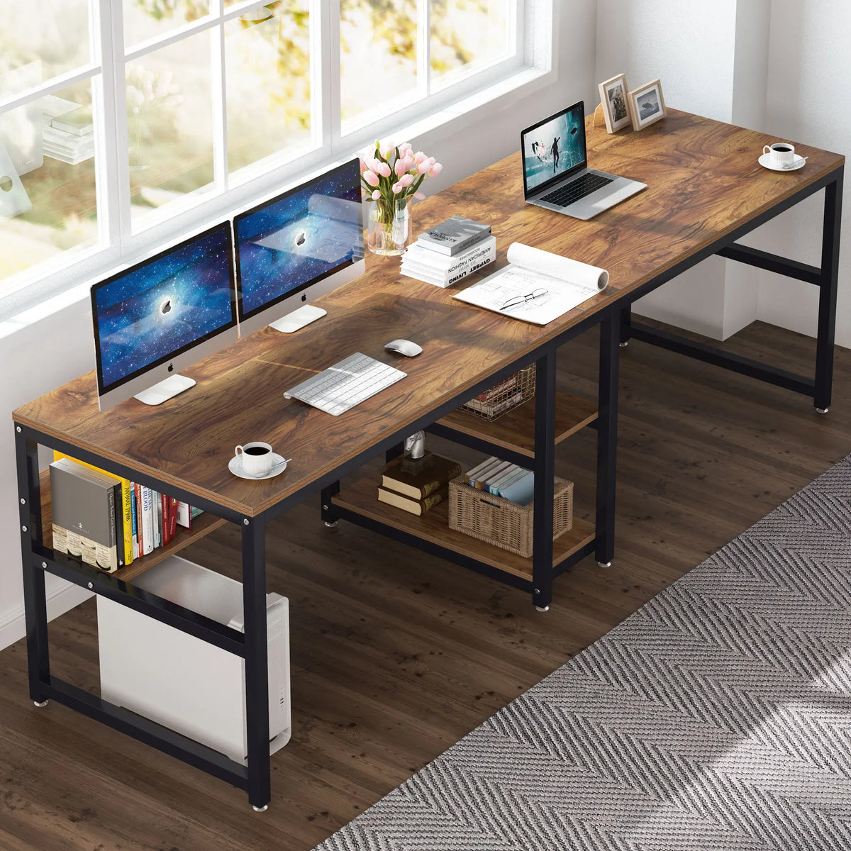 Tribesigns Wooden Two Person Office Desk With Bookshelf