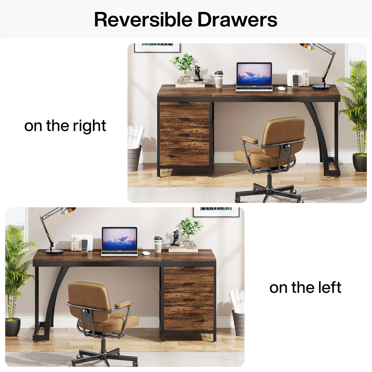 Tribesigns Industrial PC Desk Three Reversible Wooden Drawers Writing Table