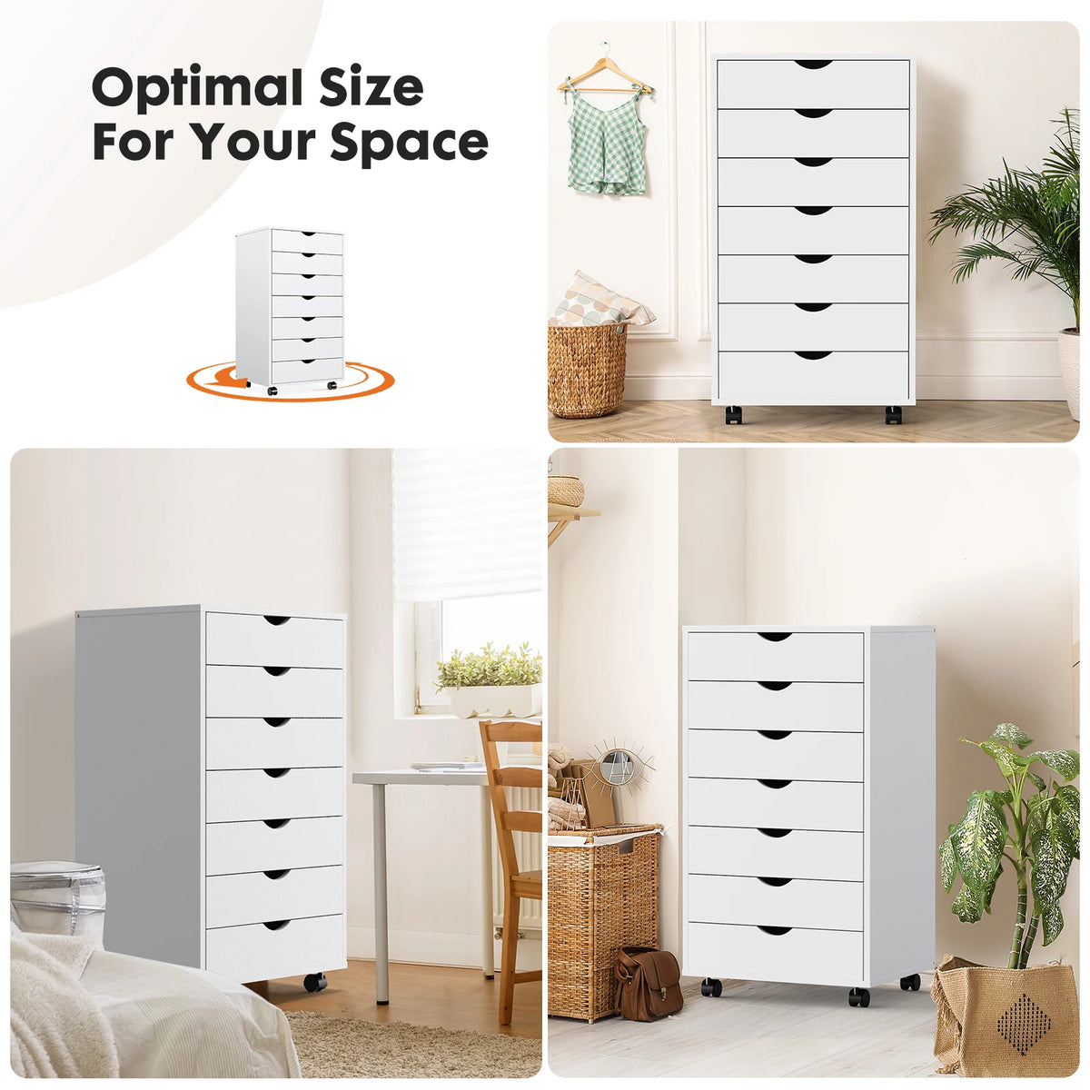 JHK 7 Drawer Wooden Storage Cabinet With Rolling Wheels Base