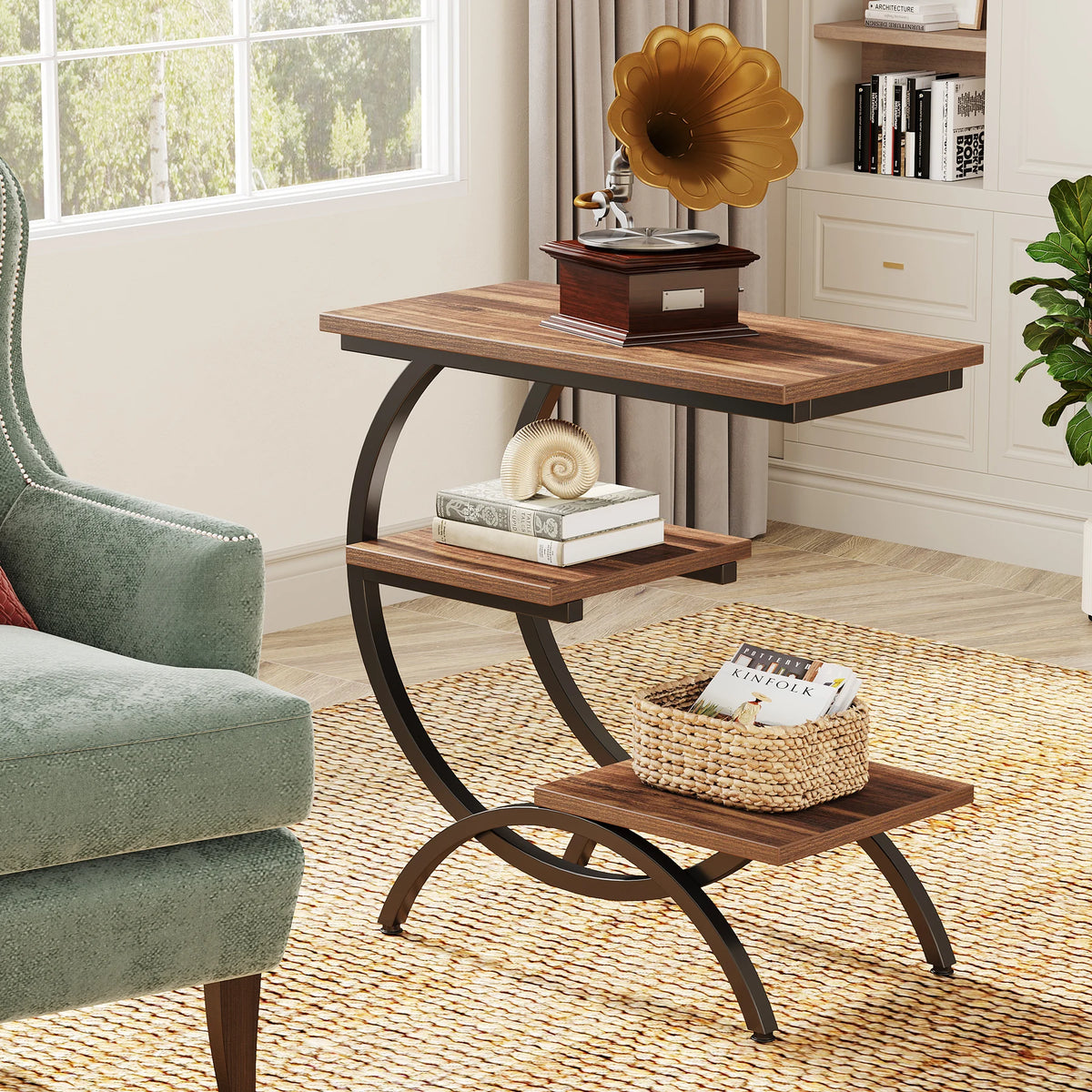 Tribesigns Industrial C Shaped End Table With Storage Shelves
