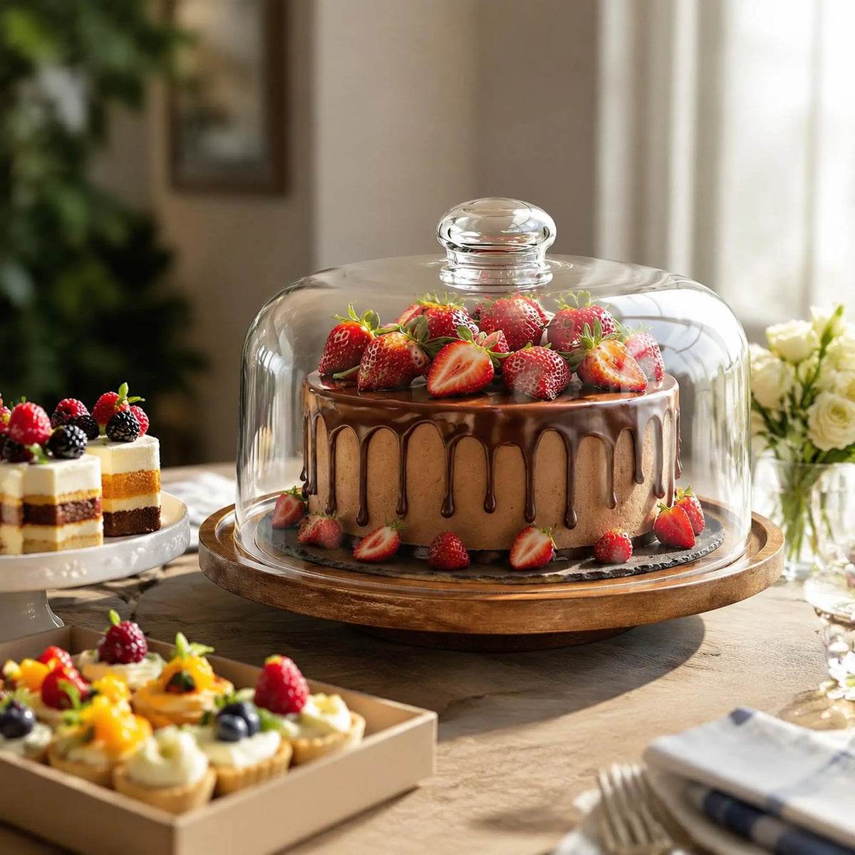 Acacia Wood Rotating Cake Stand With Clear Protective Glass Dome