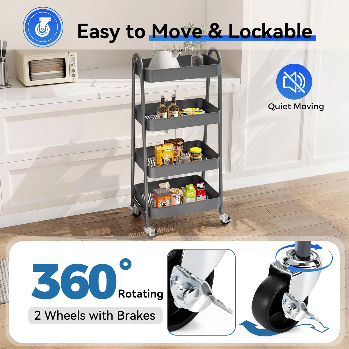 JHK 4 Tier Rolling Storage Cart With Lockable Caster Wheels