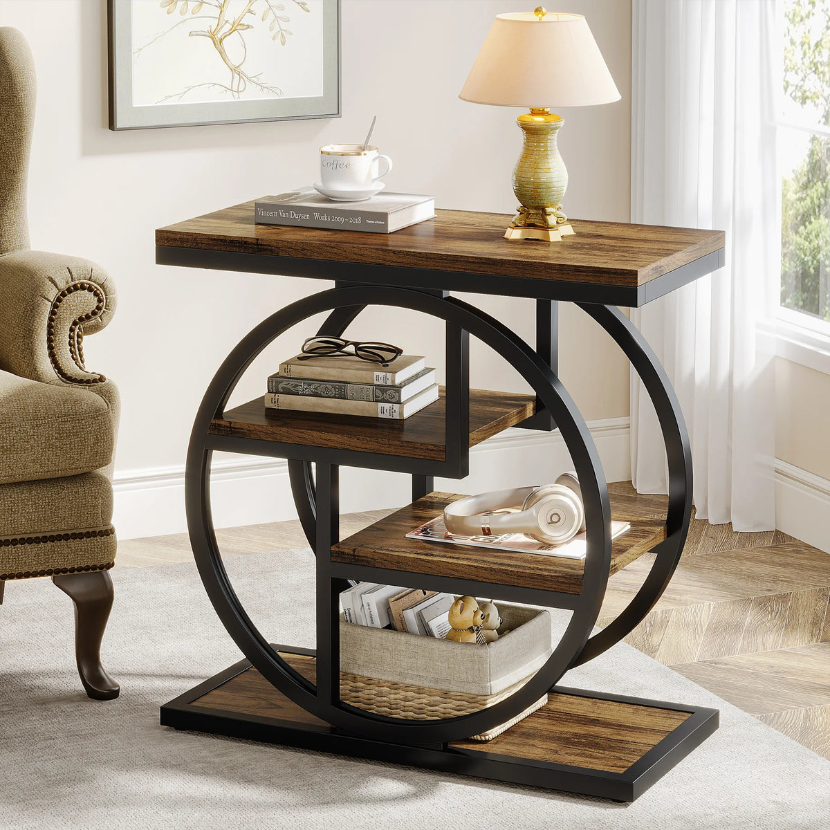 Tribesigns Industrial End Table With Three Tier Storage Shelves