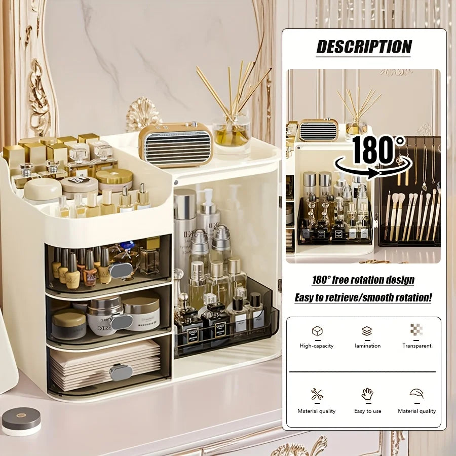 Freestanding Three Drawer Makeup Organizer With Mirror