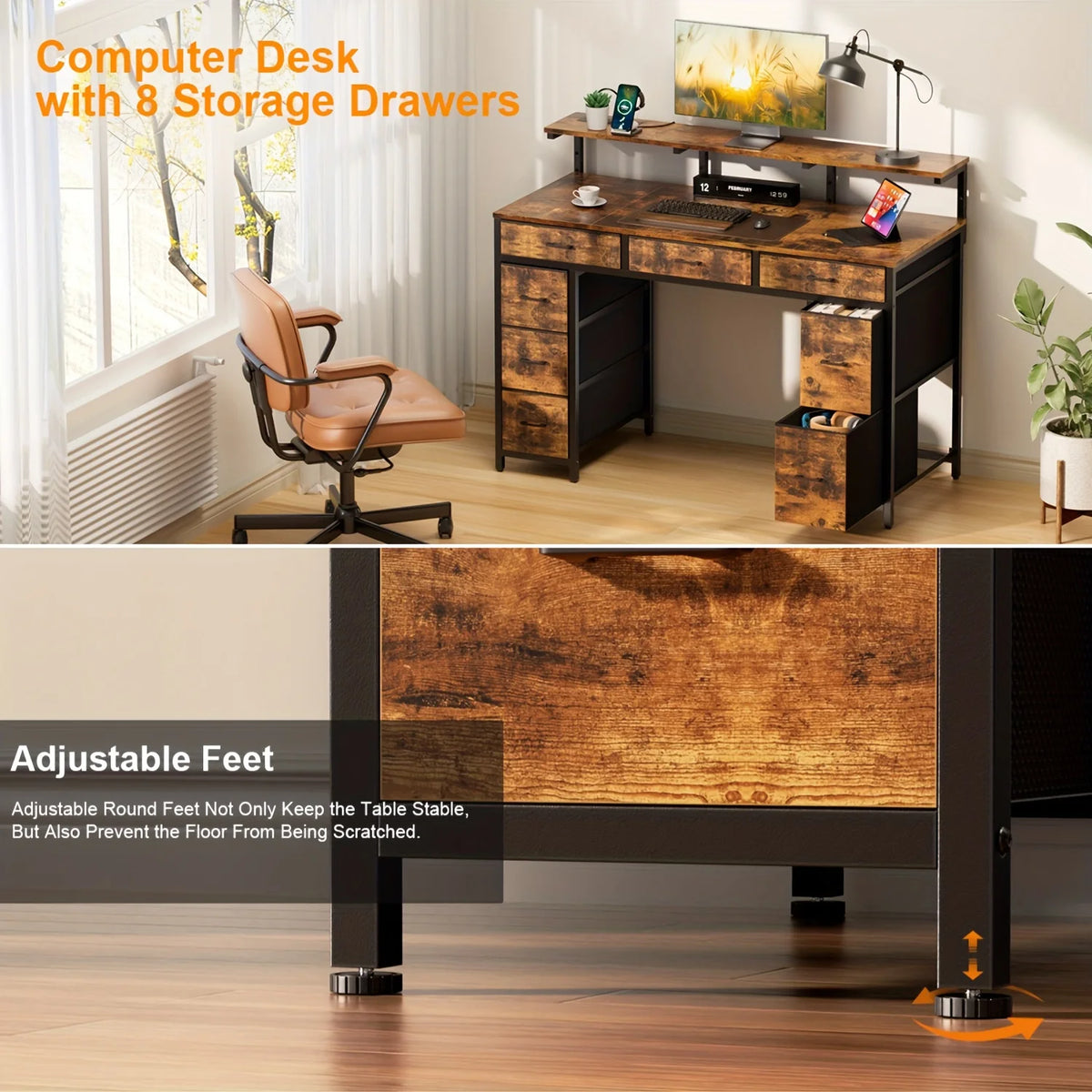 FRODROVIA Modern Computer Desk With Storage Drawers And Led Lights