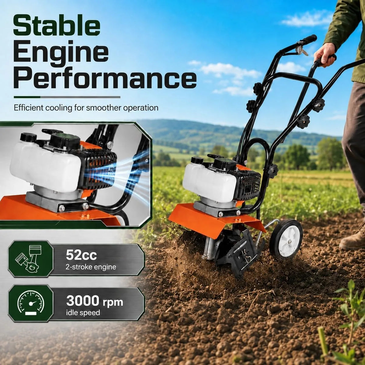 52CC Gas Powered Tiller Cultivator With Adjustable Steel Tines
