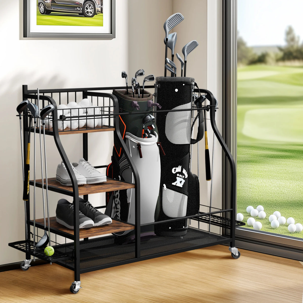 Three Tier Rolling Metal Sports Equipment Storage Organizer Rack