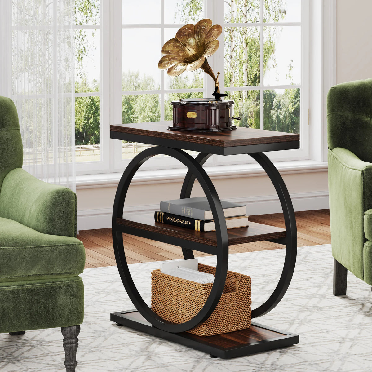 Tribesigns Industrial End Table With Three Tier Storage Shelves