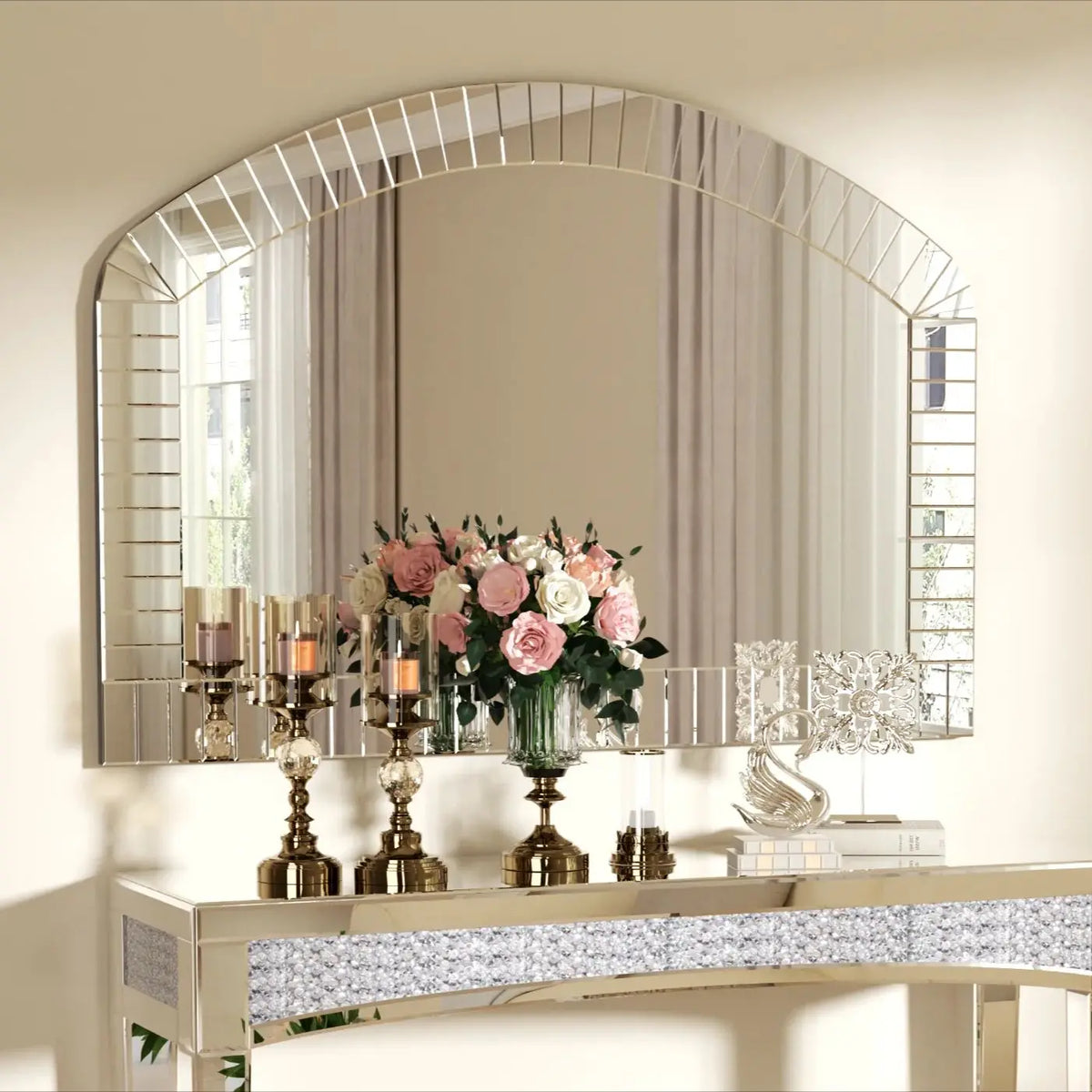 Venetian Arched Wall Mirror With Polished Beveled Glass Edge