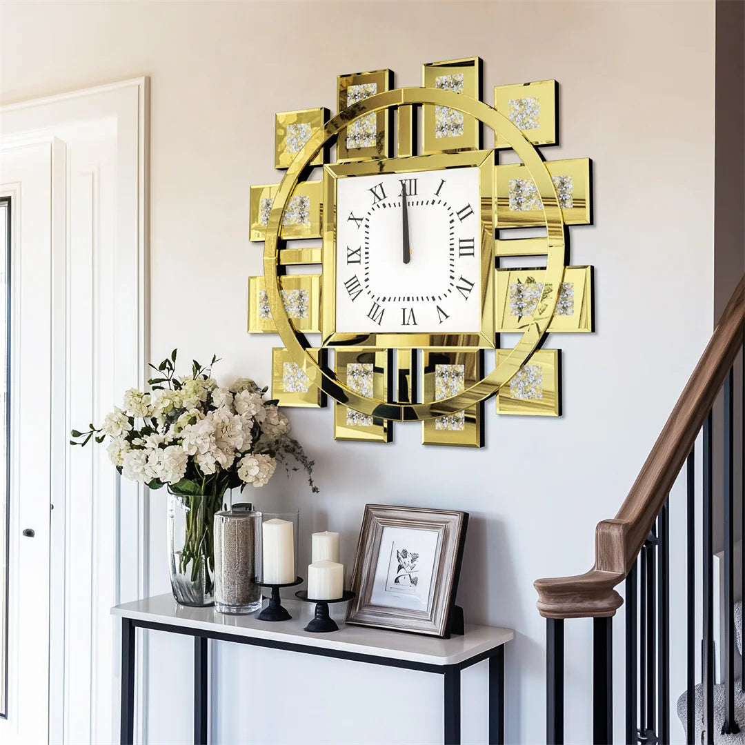 Decorative Resin Wall Clock With Crystal Diamond Inlay Battery Operated