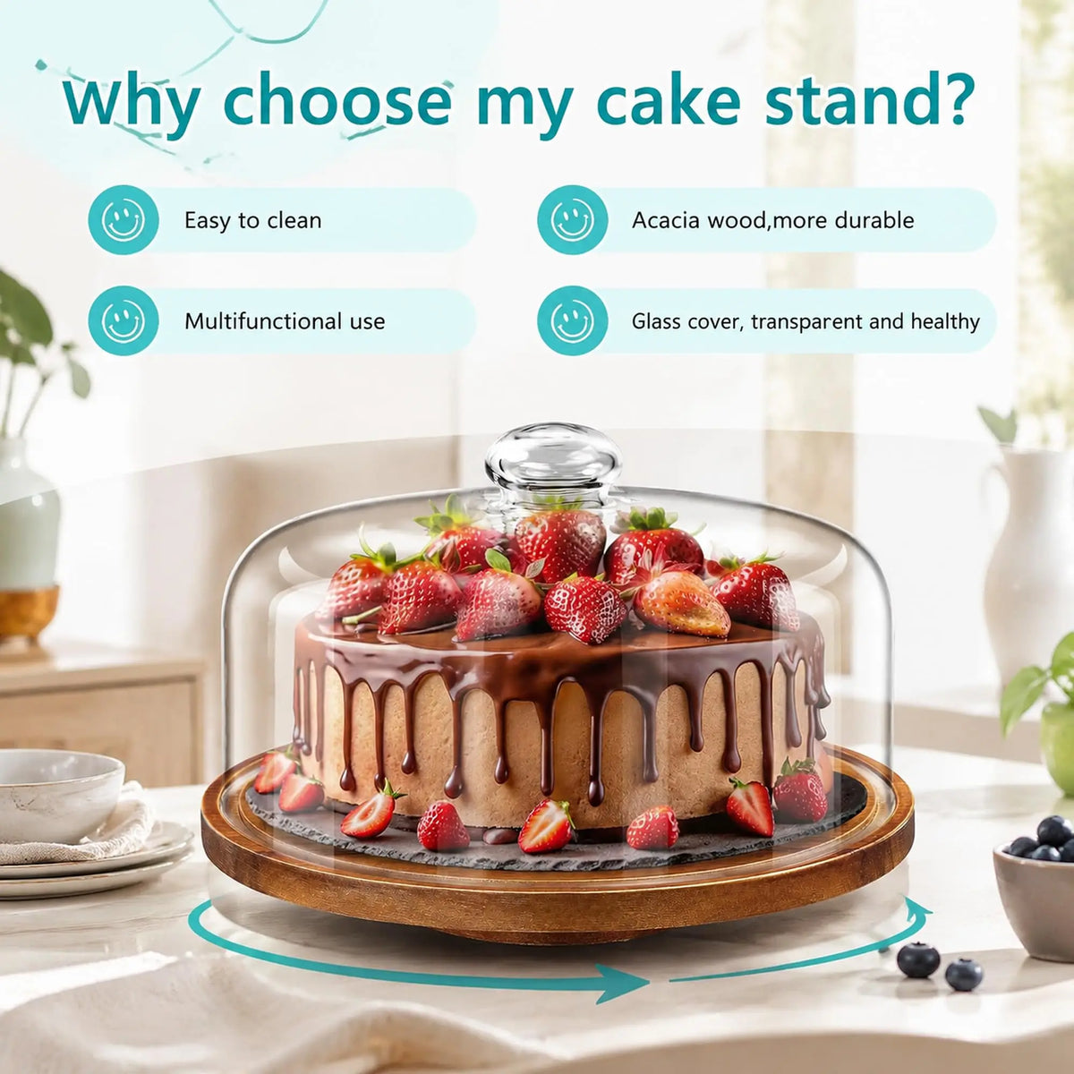 Acacia Wood Rotating Cake Stand With Clear Protective Glass Dome