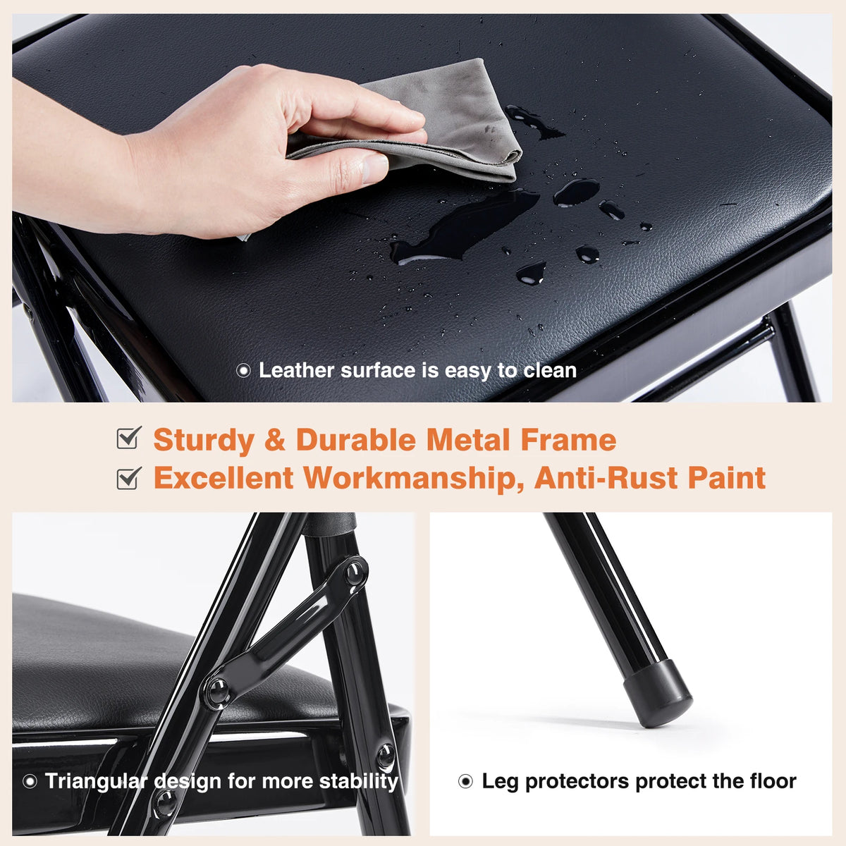 JHK Synthetic Leather Folding Chair 4 Pack Sturdy Steel Frame