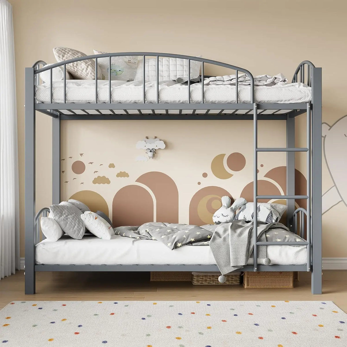 Acekool Metal Loft Bed With Safety Guardrail And Ladder