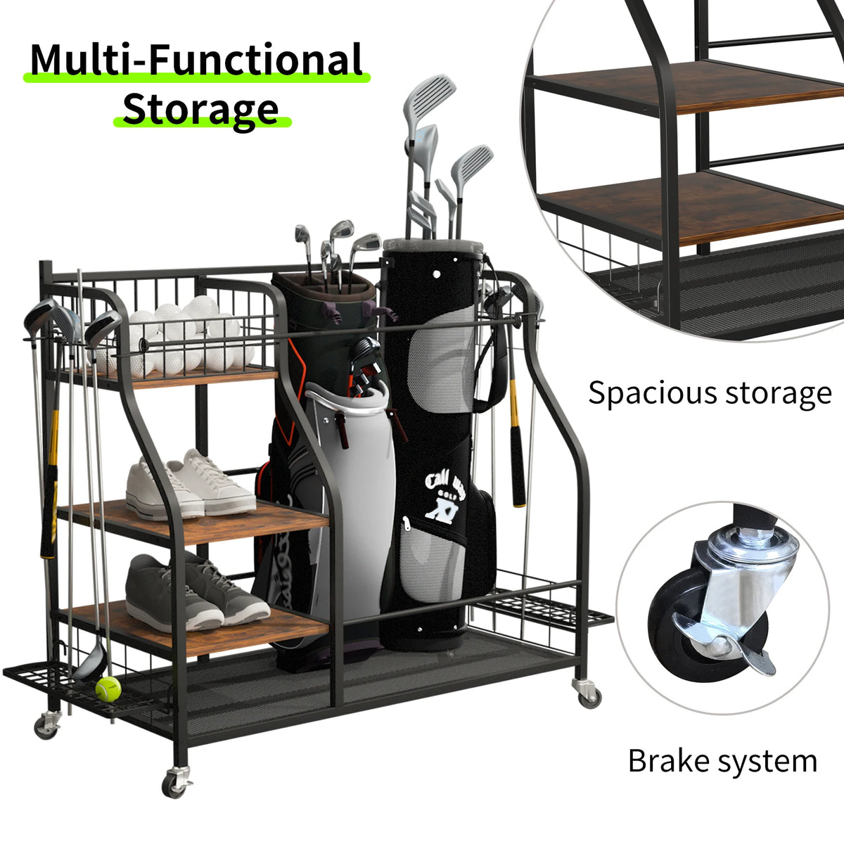 Three Tier Rolling Metal Sports Equipment Storage Organizer Rack