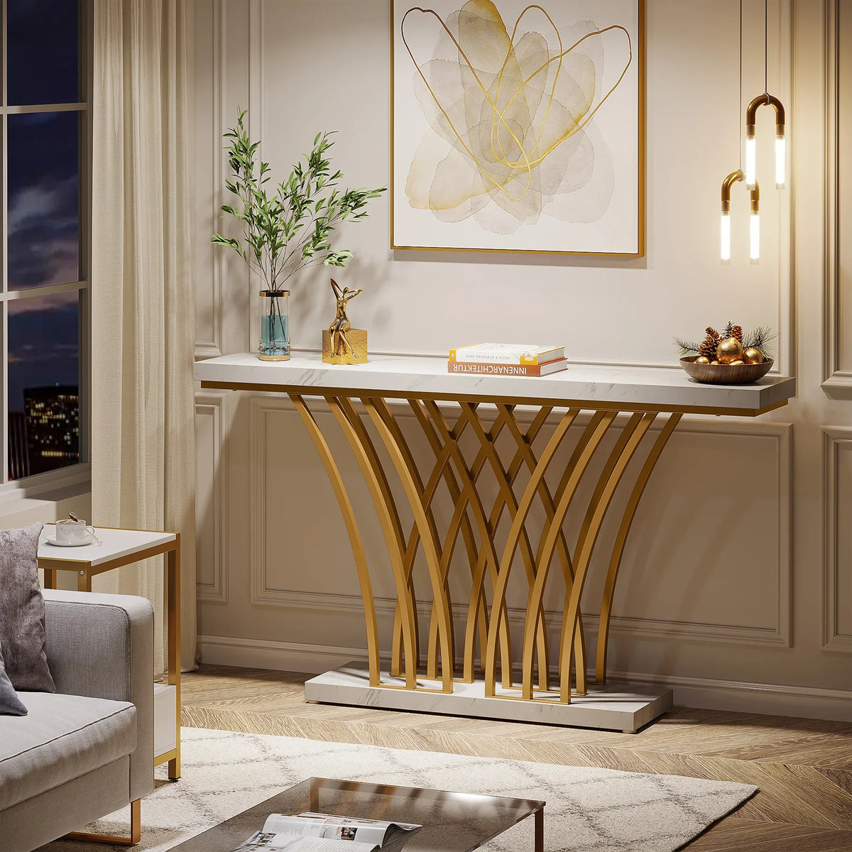 Tribesigns Modern Console Table With Grid Metal Base For Entryway
