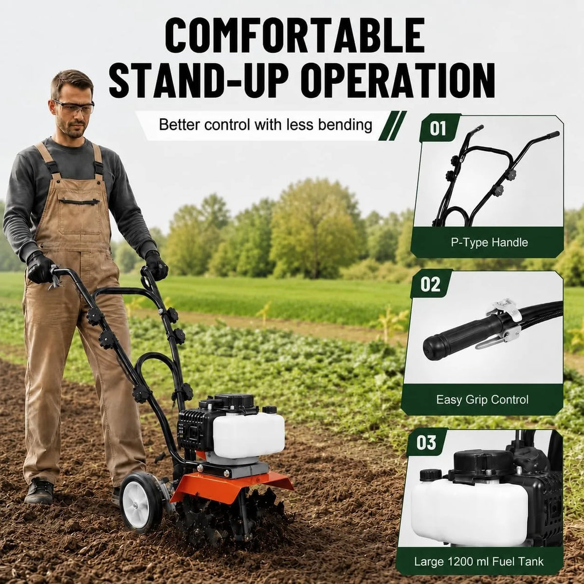52CC Gas Powered Tiller Cultivator With Adjustable Steel Tines