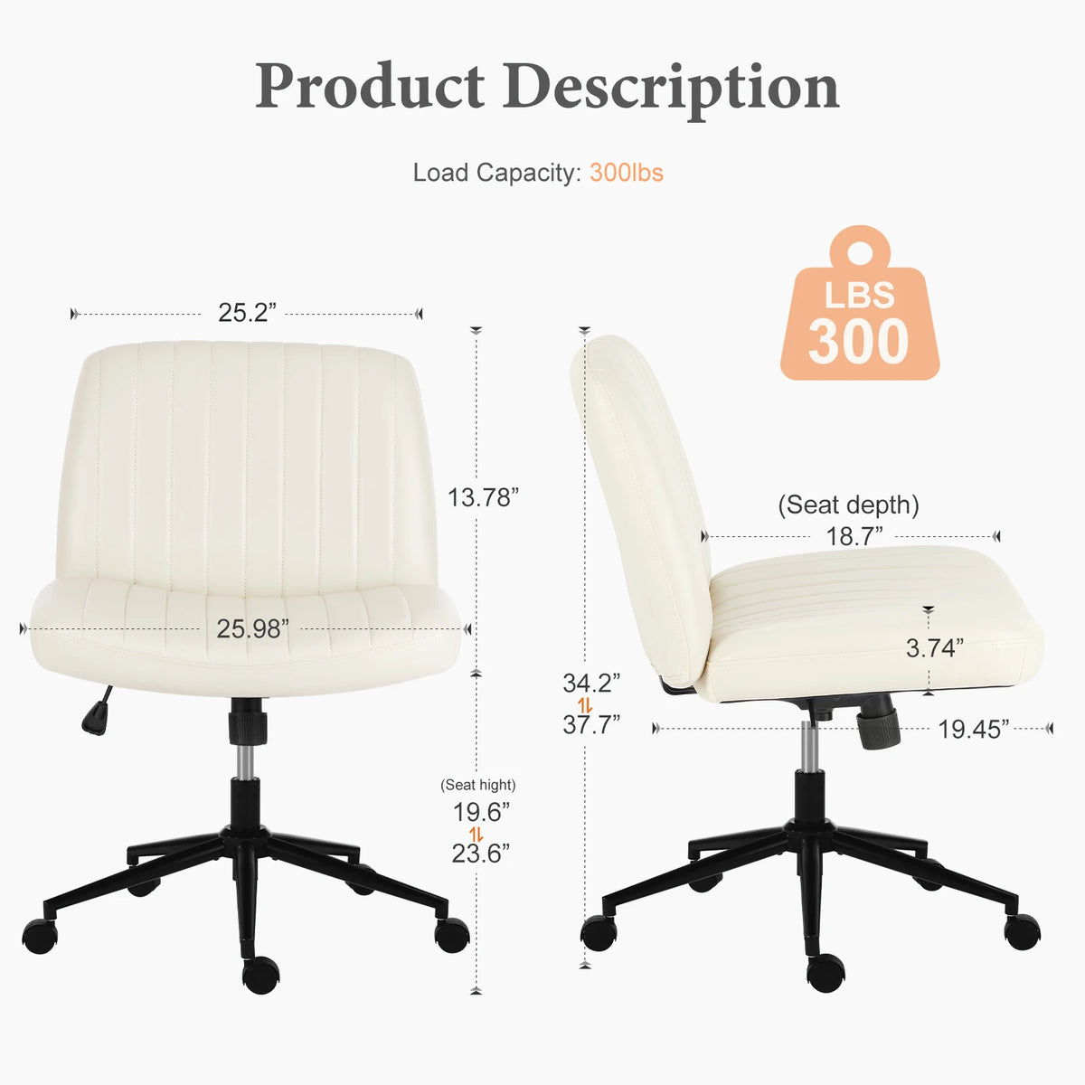 JHK Armless Cross Office Chair PU Leather Swivel Height Adjustable