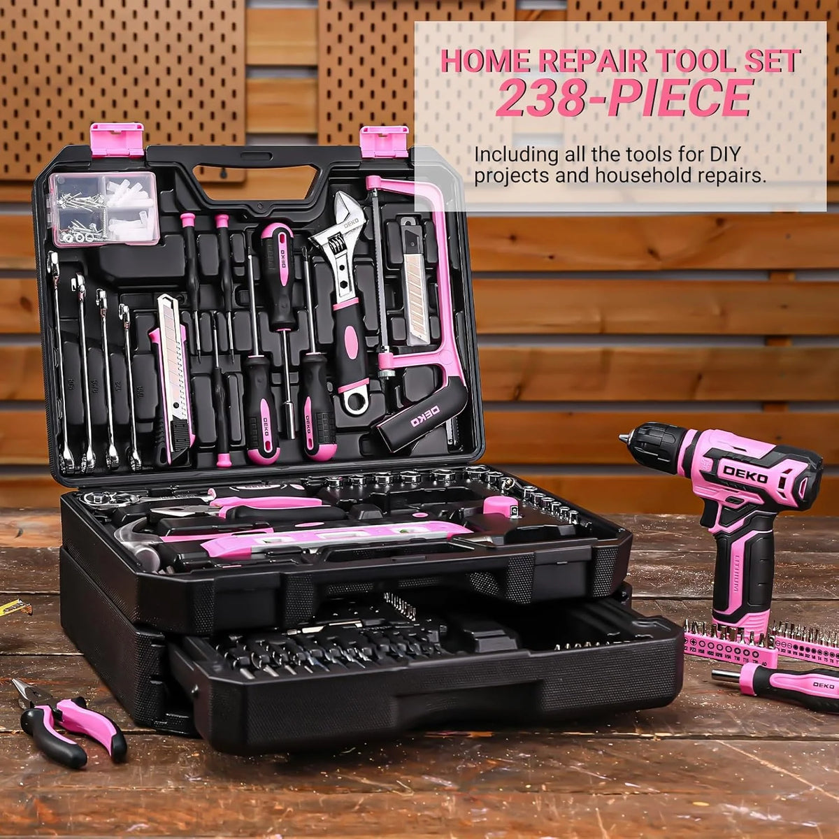 DEKO Hand Repair Toolbox With Cordless Drill Storage