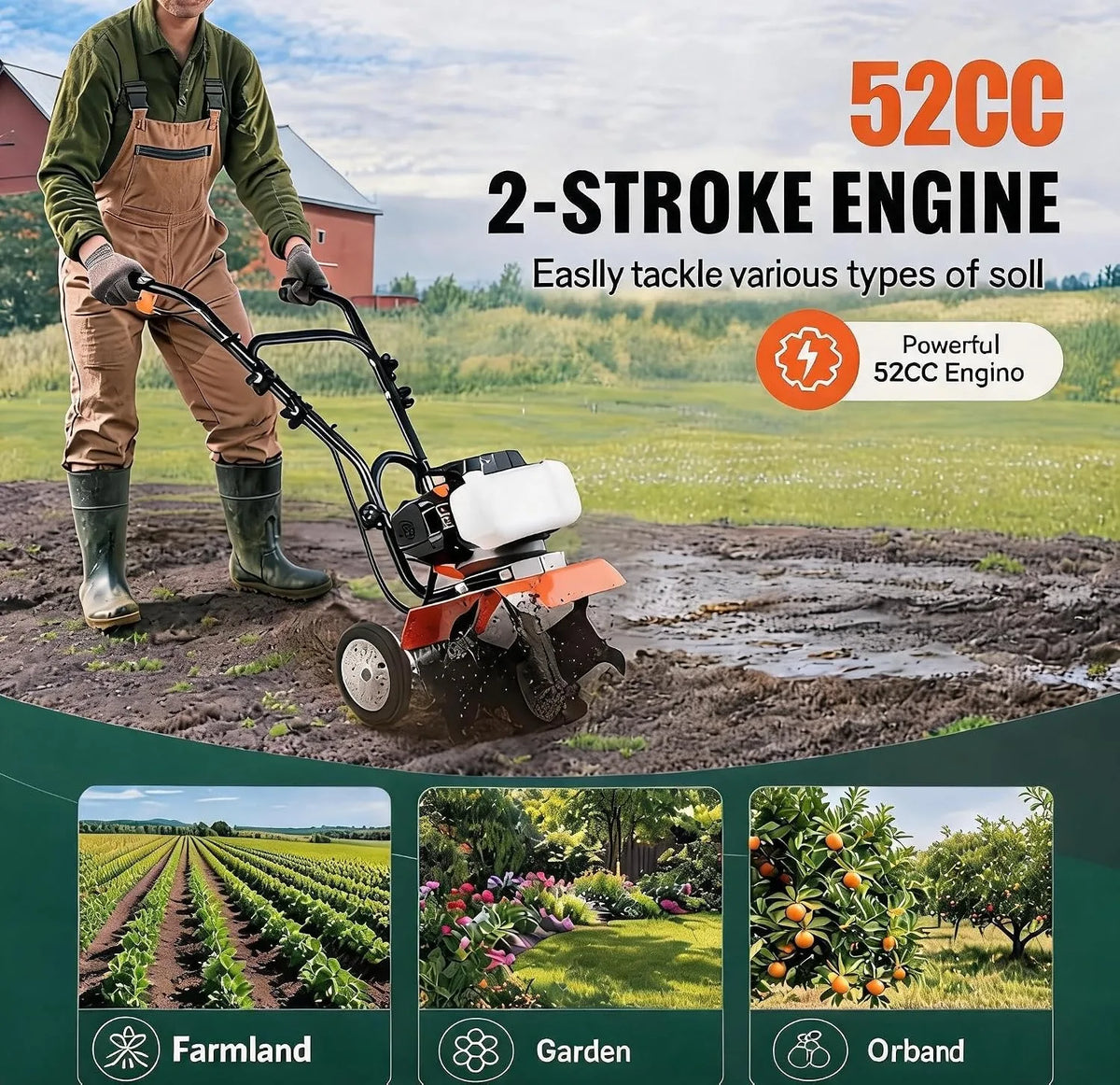 52CC Gas Powered Tiller Cultivator With Adjustable Steel Tines