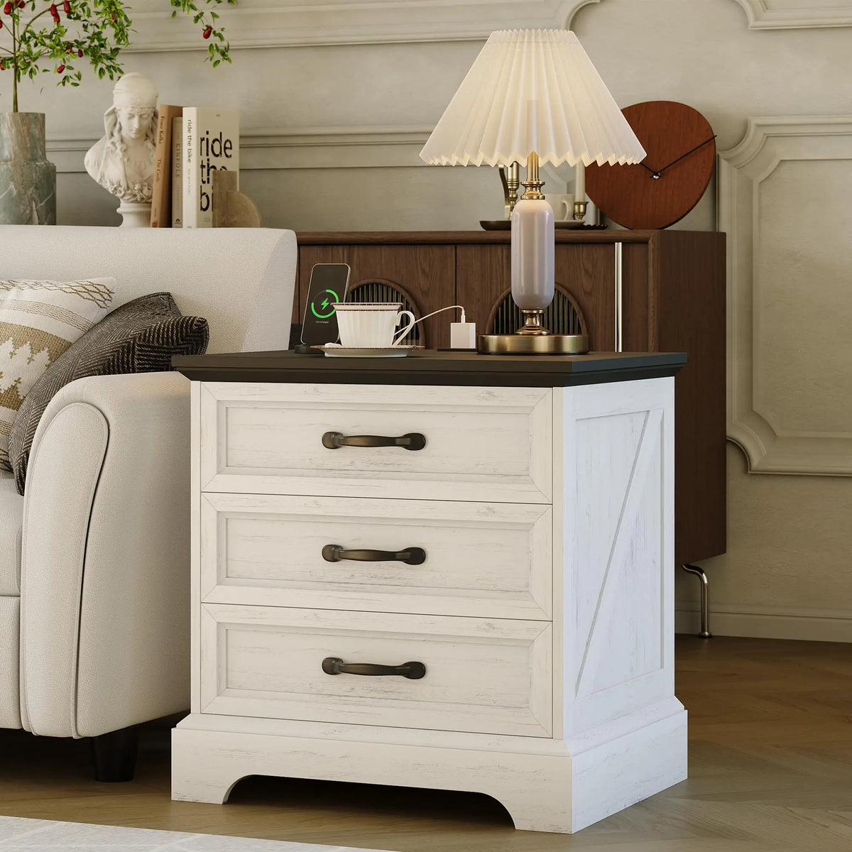 Modern Wood Nightstand With Charging Station And Three Drawers