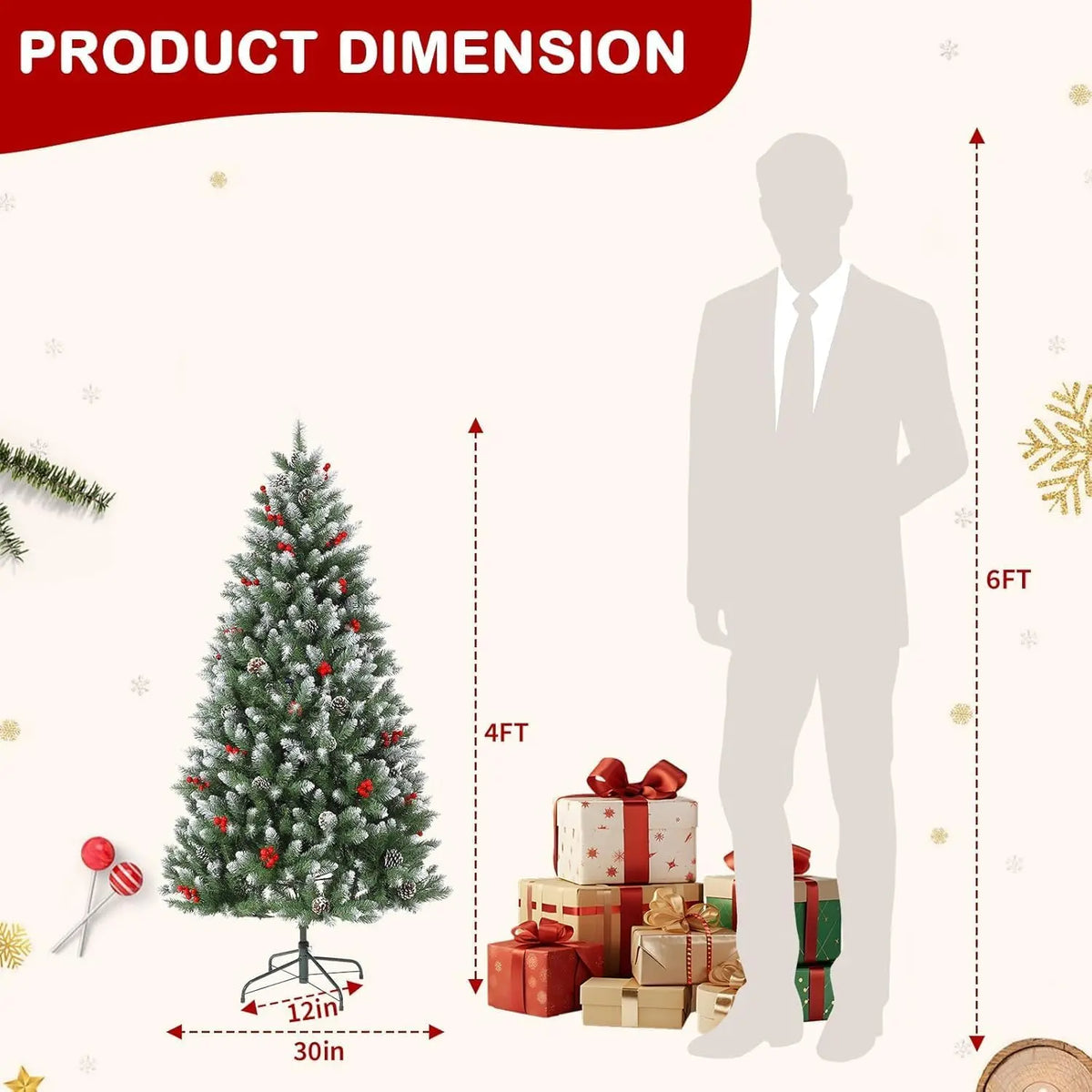 HiMISS Snow Flocked Artificial Christmas Tree With Pine Cone Berries