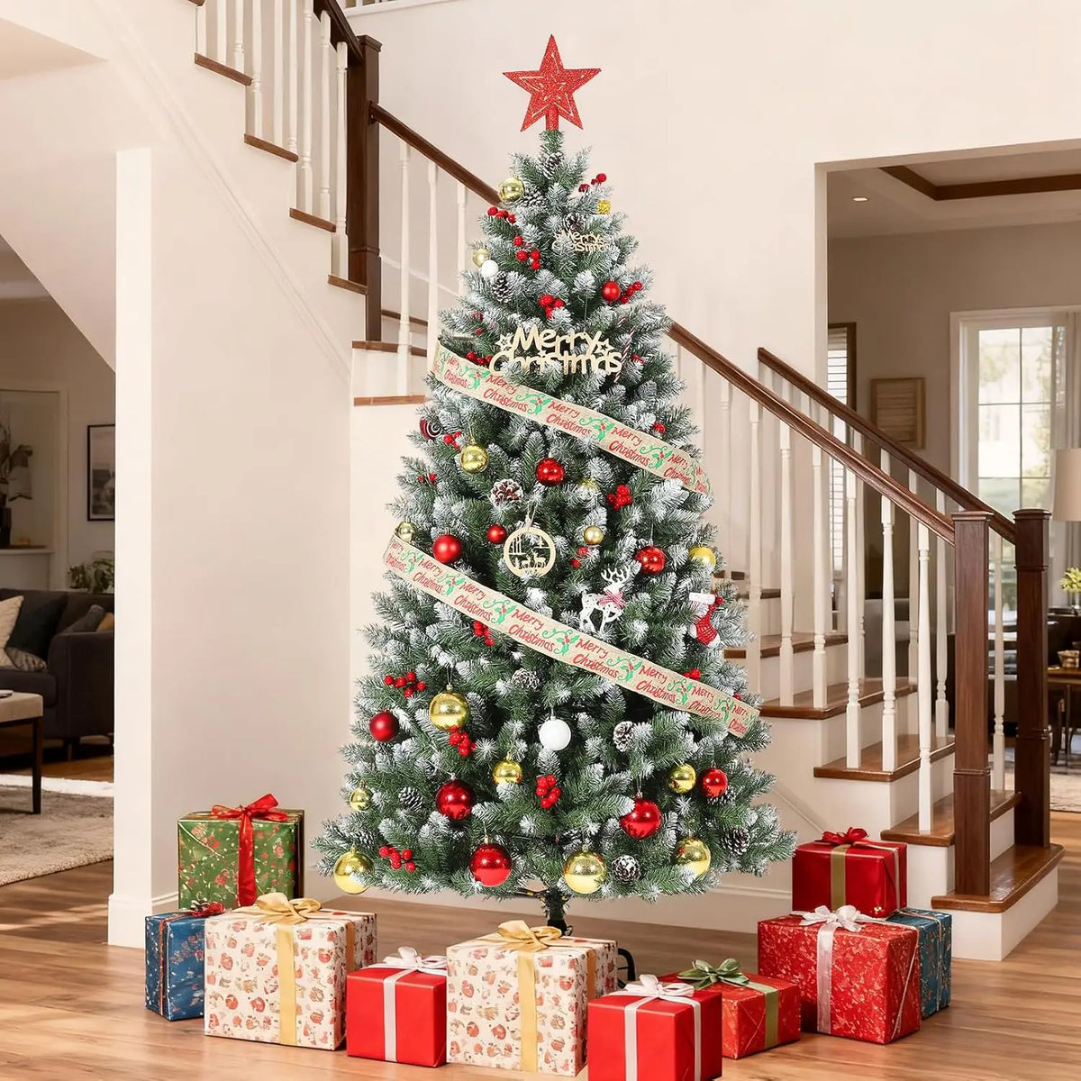 HiMISS Snow Flocked Artificial Christmas Tree With Pine Cone Berries
