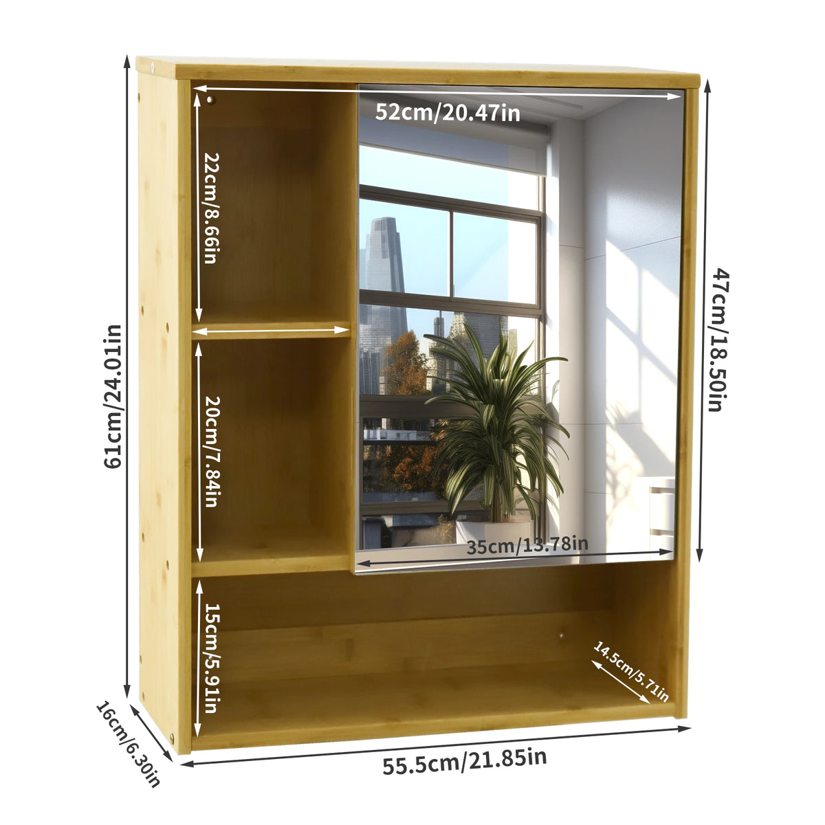 Wall Mounted Natural Bamboo Medicine Cabinet Five Open Storage Shelves
