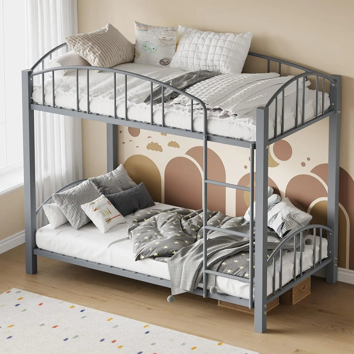 Acekool Metal Loft Bed With Safety Guardrail And Ladder
