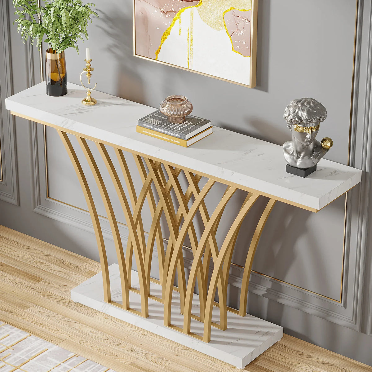 Tribesigns Modern Console Table With Grid Metal Base For Entryway