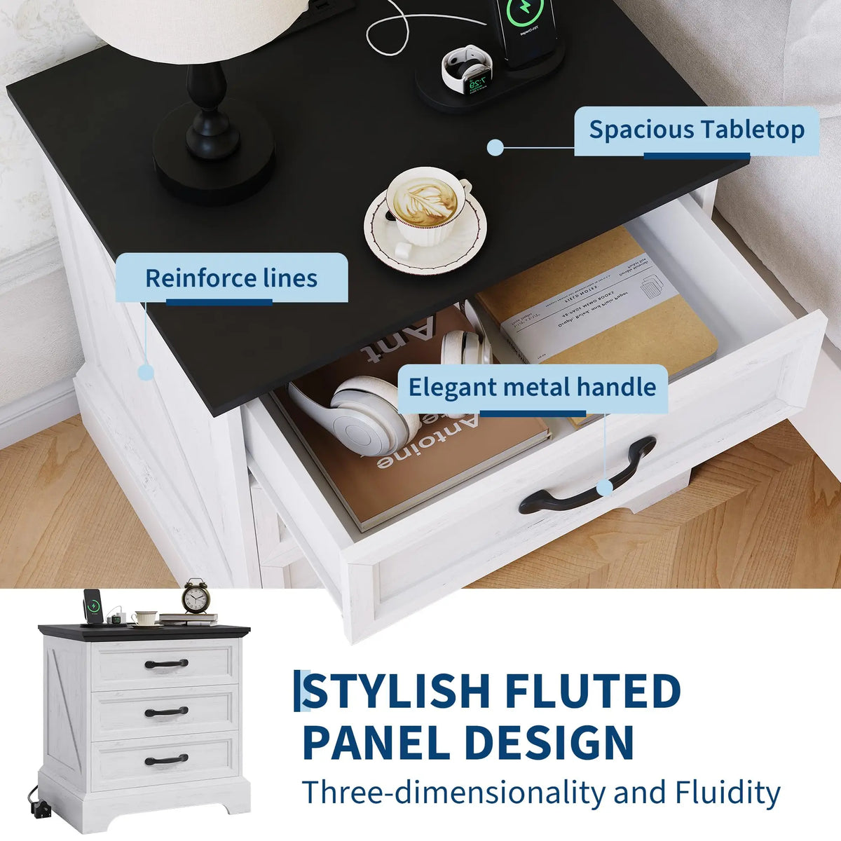 Modern Wood Nightstand With Charging Station And Three Drawers