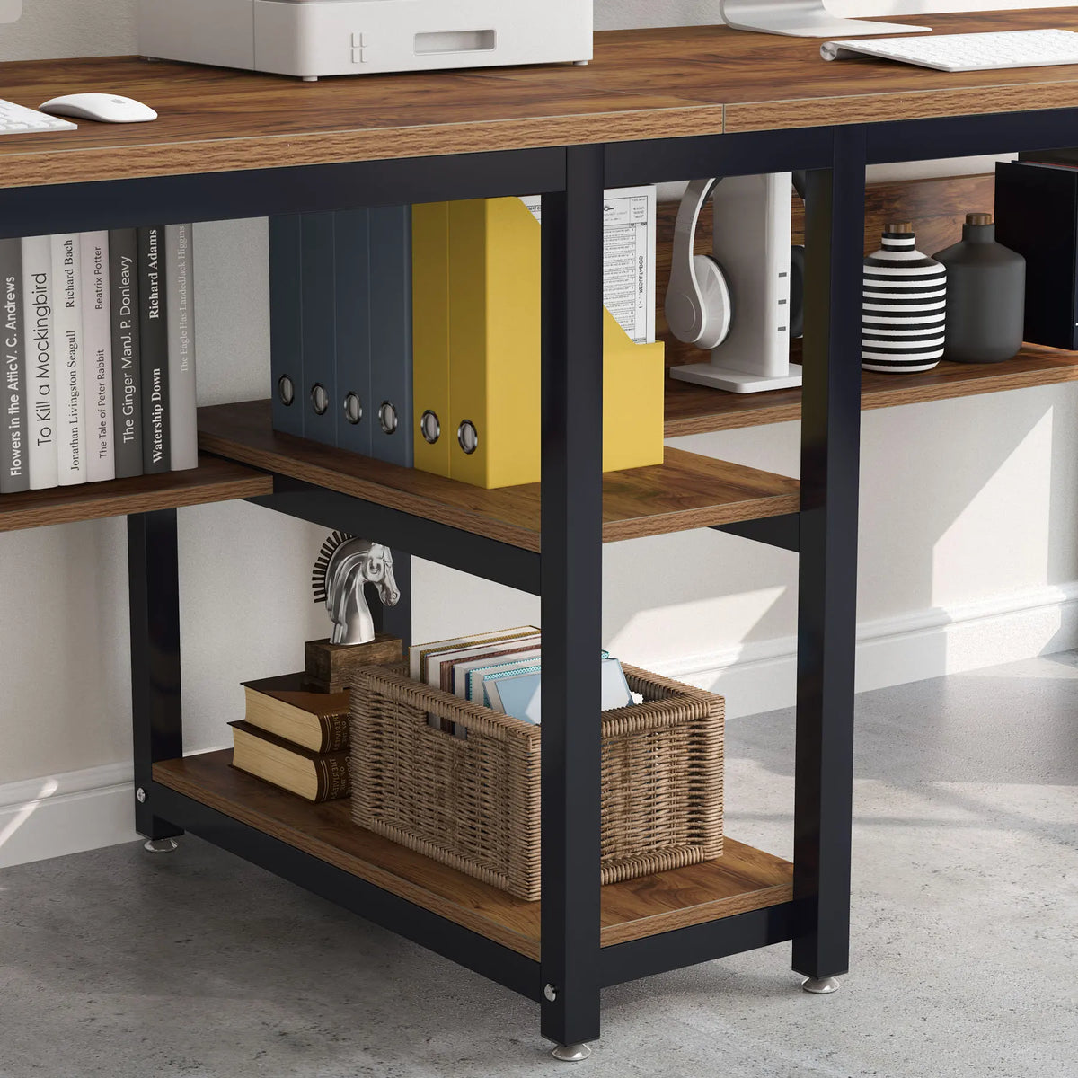 Tribesigns Wooden Two Person Office Desk With Bookshelf