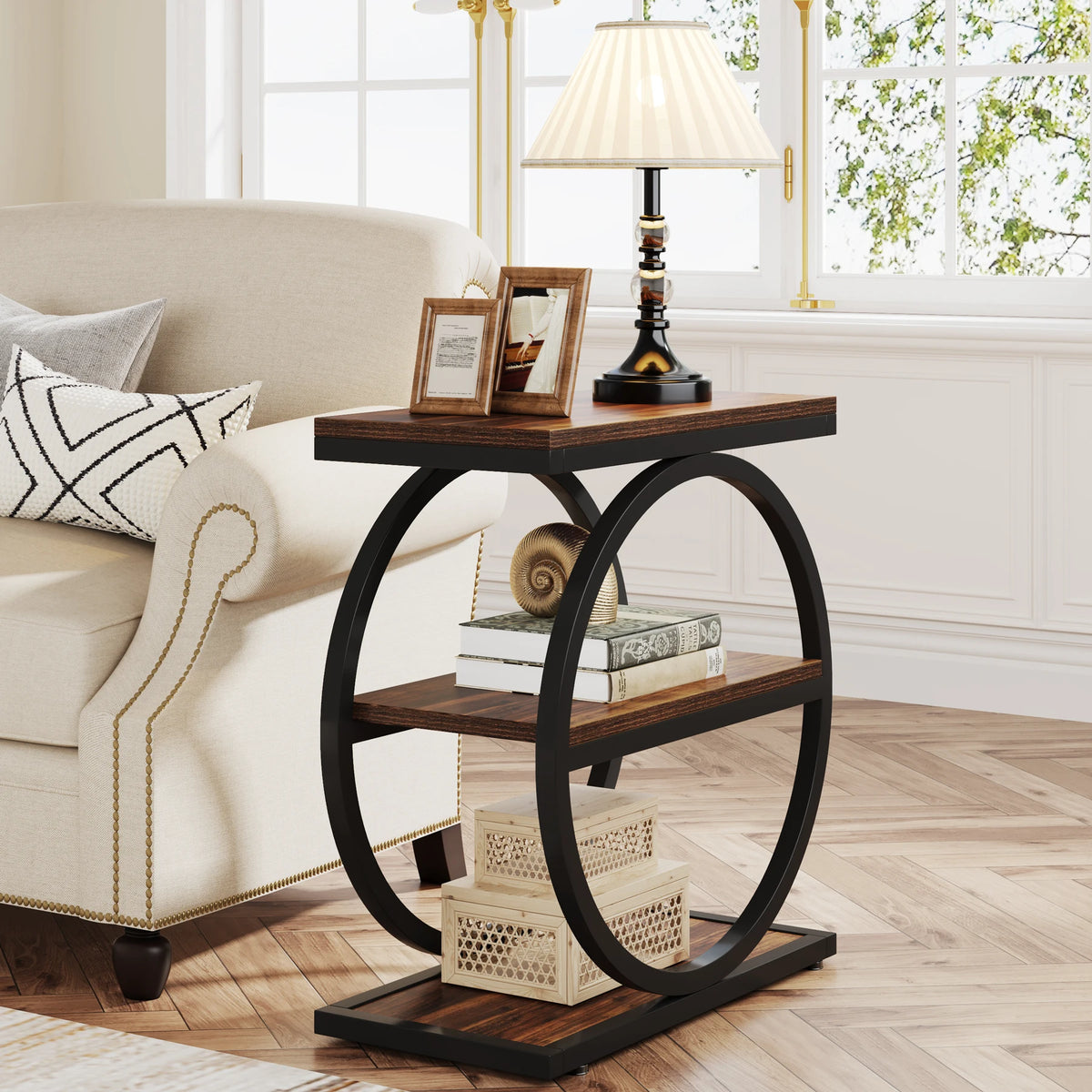 Tribesigns Industrial End Table With Three Tier Storage Shelves